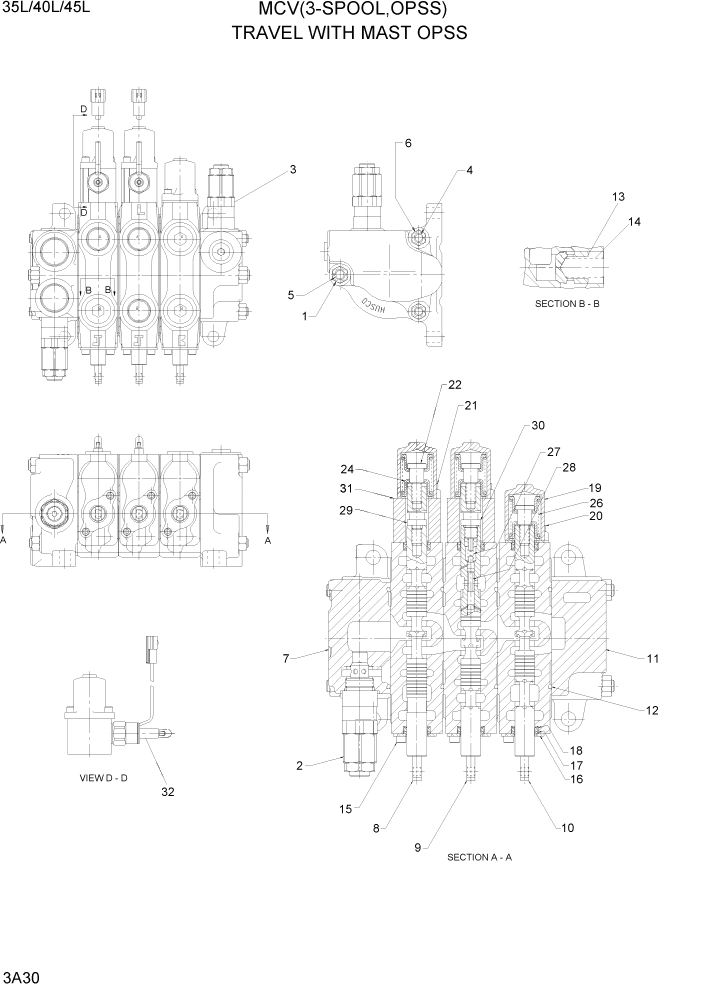 Схема запчастей Hyundai 35/40/45L - PAGE 3A30 MCV(3-SPOOL, TRAVEL WITH MAST OPSS) ГИДРАВЛИЧЕСКАЯ СИСТЕМА