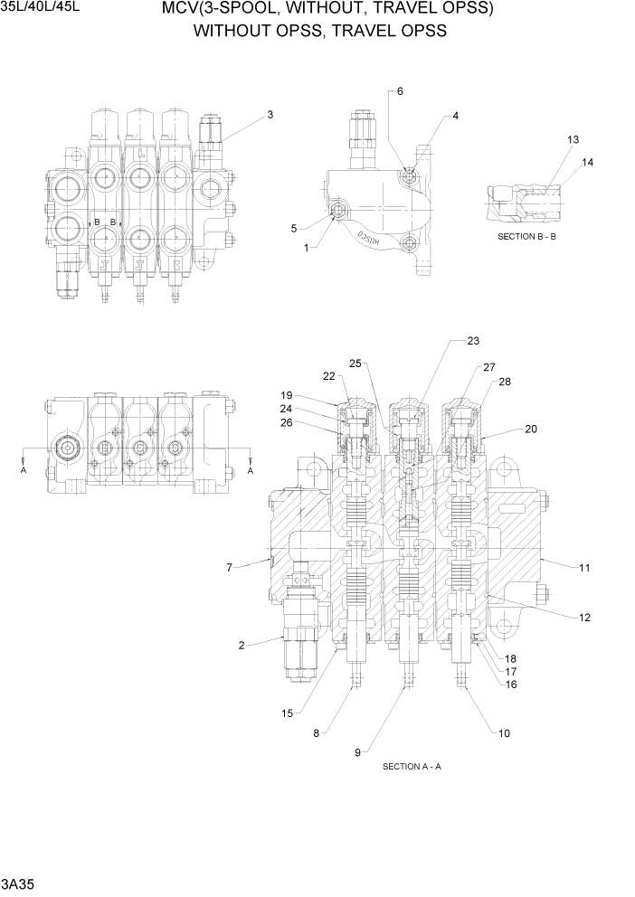 Схема запчастей Hyundai 35/40/45L - PAGE 3A35 MCV(3-SPOOL, WITHOUT, TRAVEL OPSS) ГИДРАВЛИЧЕСКАЯ СИСТЕМА