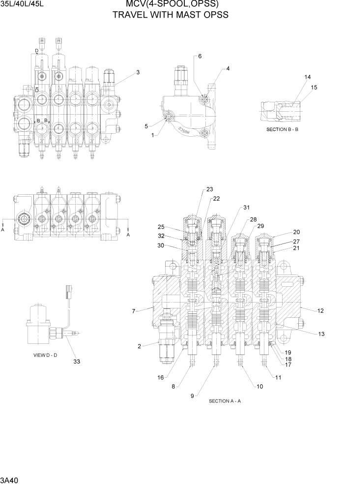 Схема запчастей Hyundai 35/40/45L - PAGE 3A40 MCV(4-SPOOL, TRAVEL WITH MAST OPSS) ГИДРАВЛИЧЕСКАЯ СИСТЕМА