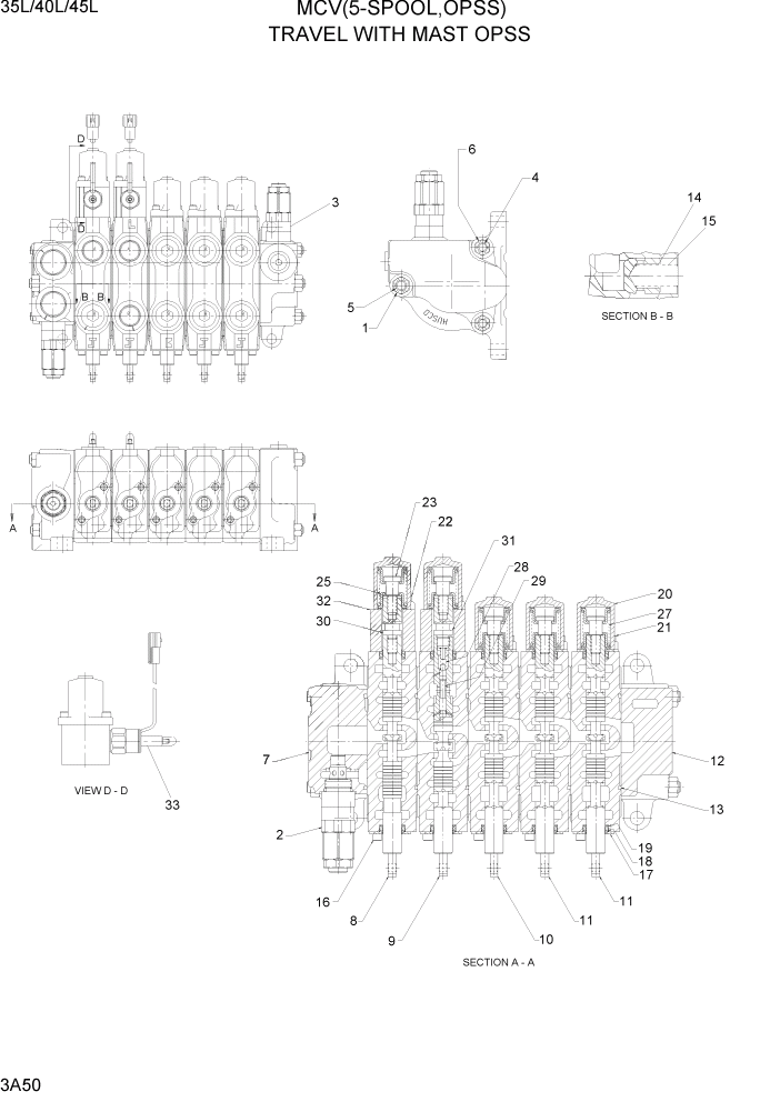 Схема запчастей Hyundai 35/40/45L - PAGE 3A50 MCV(5-SPOOL, TRAVEL WITH MAST OPSS) ГИДРАВЛИЧЕСКАЯ СИСТЕМА