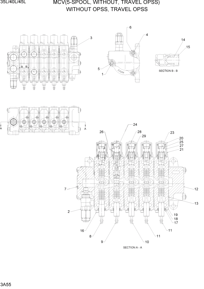 Схема запчастей Hyundai 35/40/45L - PAGE 3A55 MCV(5-SPOOL, WITHOUT, TRAVEL OPSS) ГИДРАВЛИЧЕСКАЯ СИСТЕМА