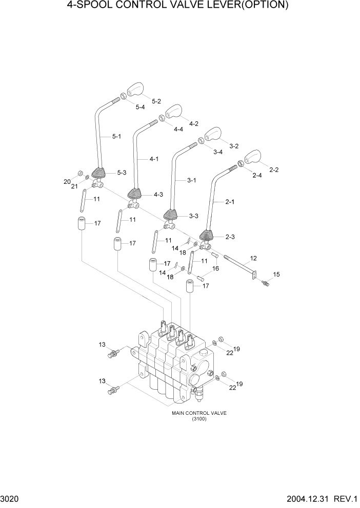 Схема запчастей Hyundai HLF15/HLF18C-5 - PAGE 3020 4-SPOOL CONTROL VALVE LEVER(OPTION) ГИДРАВЛИЧЕСКАЯ СИСТЕМА