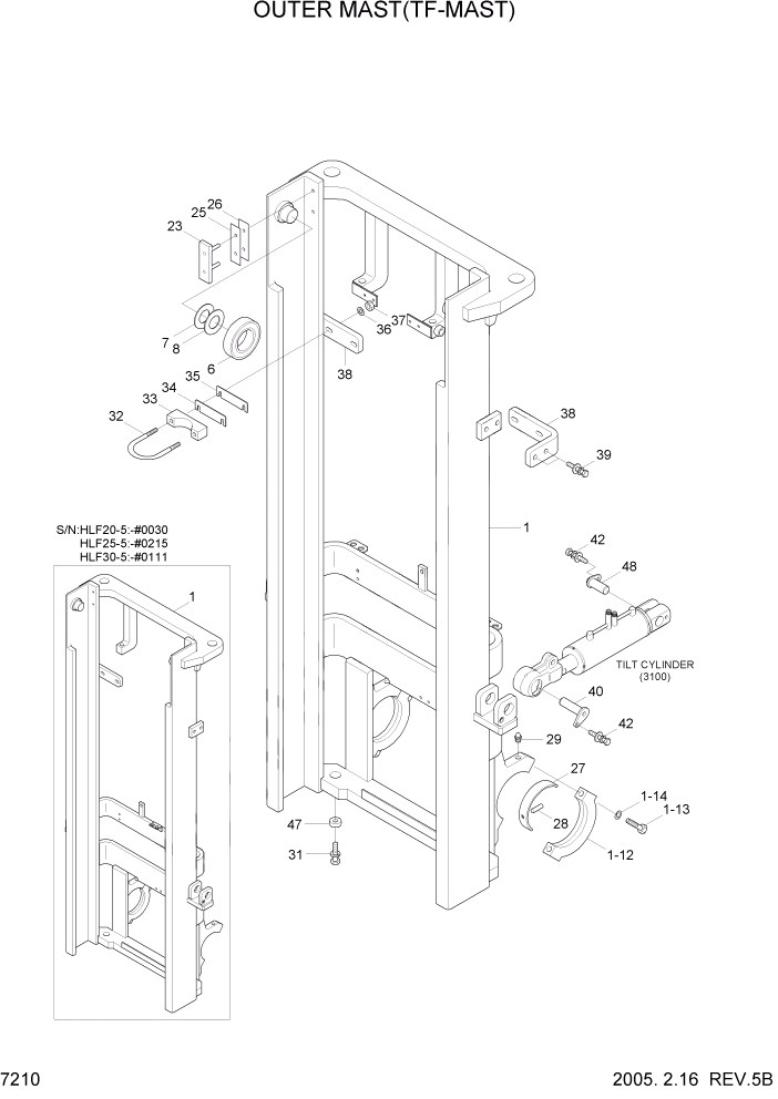 Схема запчастей Hyundai HLF20/HLF25/HLF30-5 - PAGE 7210 OUTER MAST(TF-MAST) РАБОЧЕЕ ОБОРУДОВАНИЕ