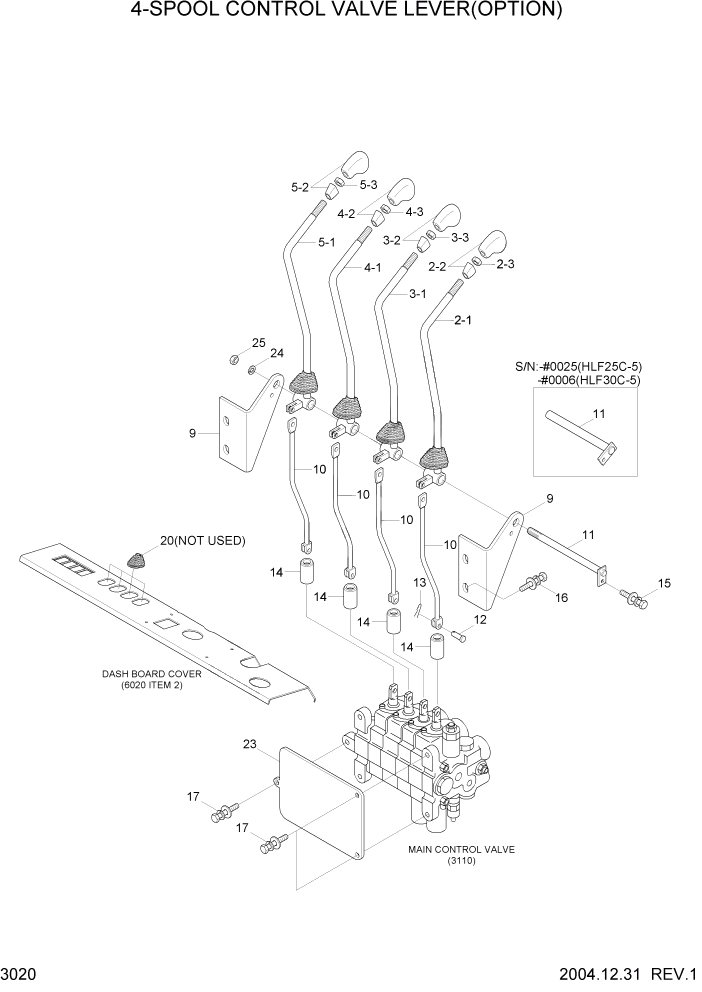 Схема запчастей Hyundai HLF20/HLF25/HLF30C-5 - PAGE 3020 4-SPOOL CONTROL VALVE LEVER(OPTION) ГИДРАВЛИЧЕСКАЯ СИСТЕМА