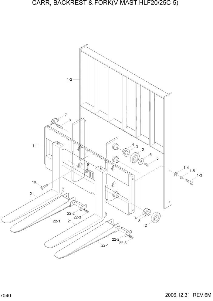 Схема запчастей Hyundai HLF20/HLF25/HLF30C-5 - PAGE 7040 CARR,BACKREST & FORK(V-MAST,HLF20/25C-5) РАБОЧЕЕ ОБОРУДОВАНИЕ