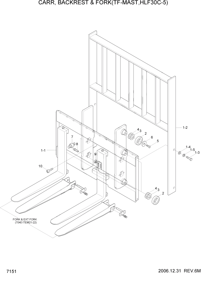 Схема запчастей Hyundai HLF20/HLF25/HLF30C-5 - PAGE 7151 CARR,BACKREST & FORK(TF-MAST,HLF30C-5) РАБОЧЕЕ ОБОРУДОВАНИЕ