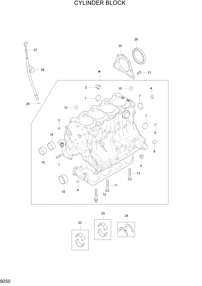 Схема запчастей Hyundai HLF15/HLF18-2 - PAGE 9050 CYLINDER BLOCK ДВИГАТЕЛЬ БАЗА