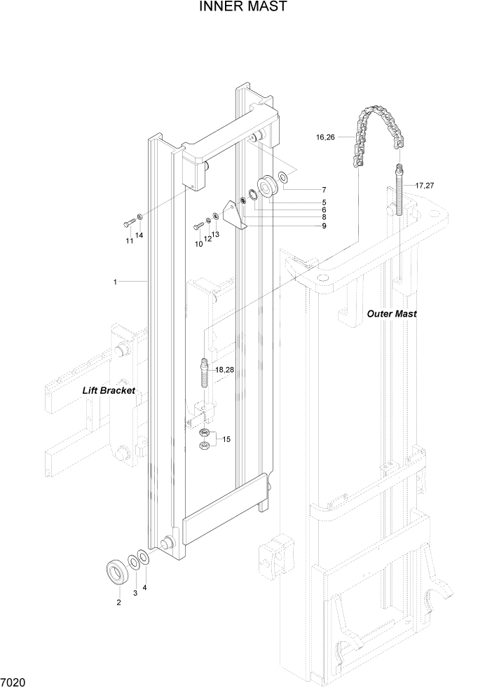 Схема запчастей Hyundai HLF20/HLF25/HLF30C-2 - PAGE 7020 INNER MAST РАБОЧЕЕ ОБОРУДОВАНИЕ