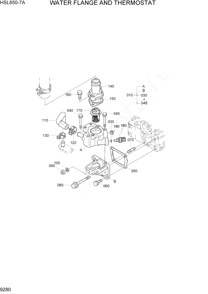 Схема запчастей Hyundai HSL650-7A - PAGE 9280 WATER FLANGE AND THERMOSTAT ДВИГАТЕЛЬ БАЗА