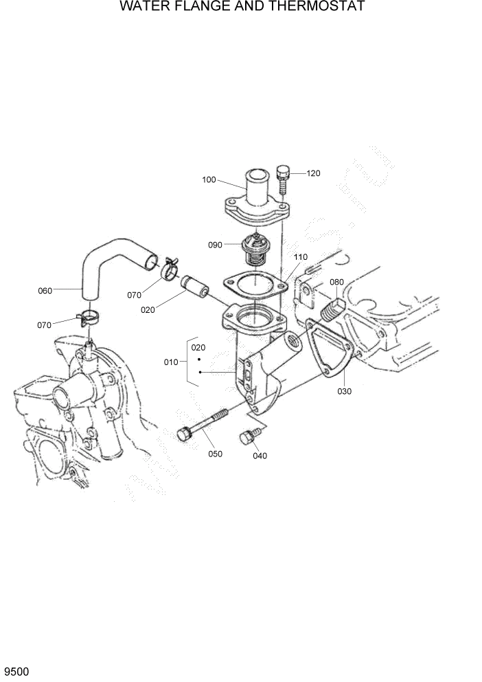 Схема запчастей Hyundai HSL400T - PAGE 9500 WATER FLANGE AND THERMOSTAT ДВИГАТЕЛЬ БАЗА