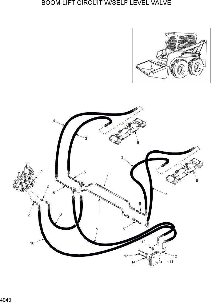 Схема запчастей Hyundai HSL680T - PAGE 4043 BOOM LIFT CIRCUIT W/SELF LEVEL VALVE ГИДРАВЛИЧЕСКАЯ СИСТЕМА