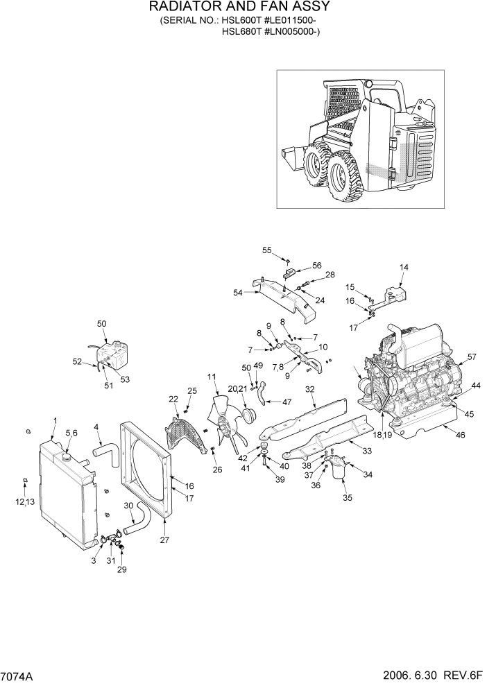 Схема запчастей Hyundai HSL680T - PAGE 7074A RADIATOR AND FAN ASSY ДВИГАТЕЛЬ ОБОРУДОВАНИЕ