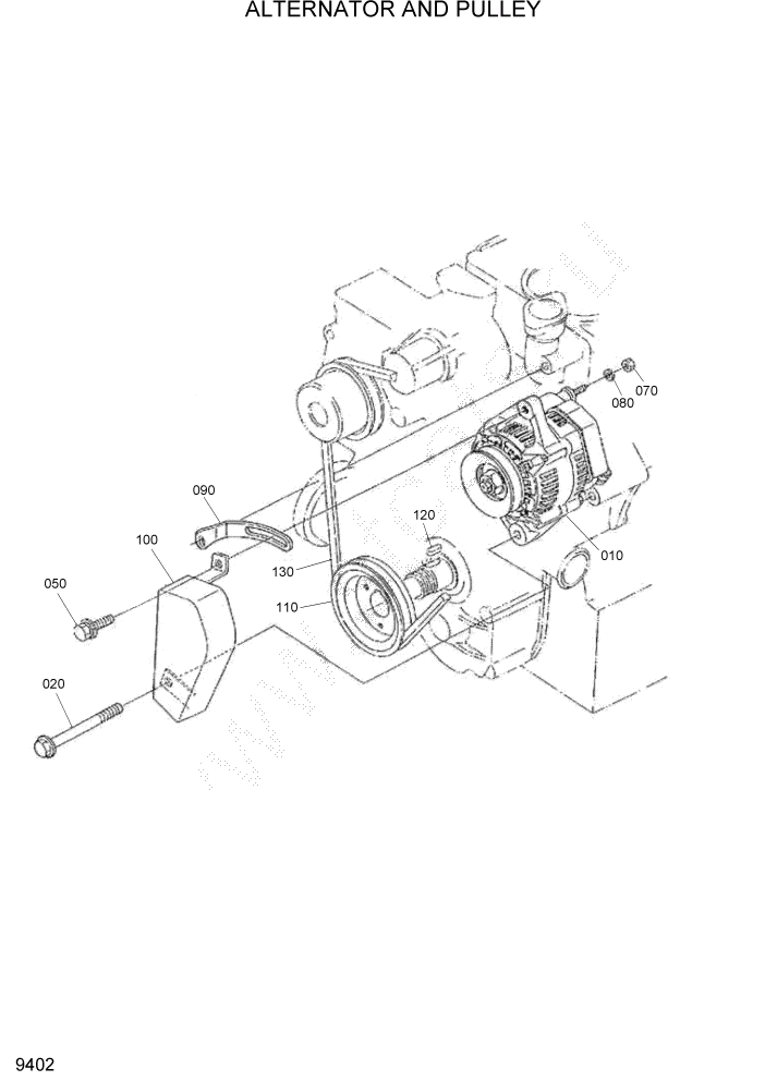 Схема запчастей Hyundai HSL960T - PAGE 9402 ALTERNATOR AND PULLEY ДВИГАТЕЛЬ БАЗА