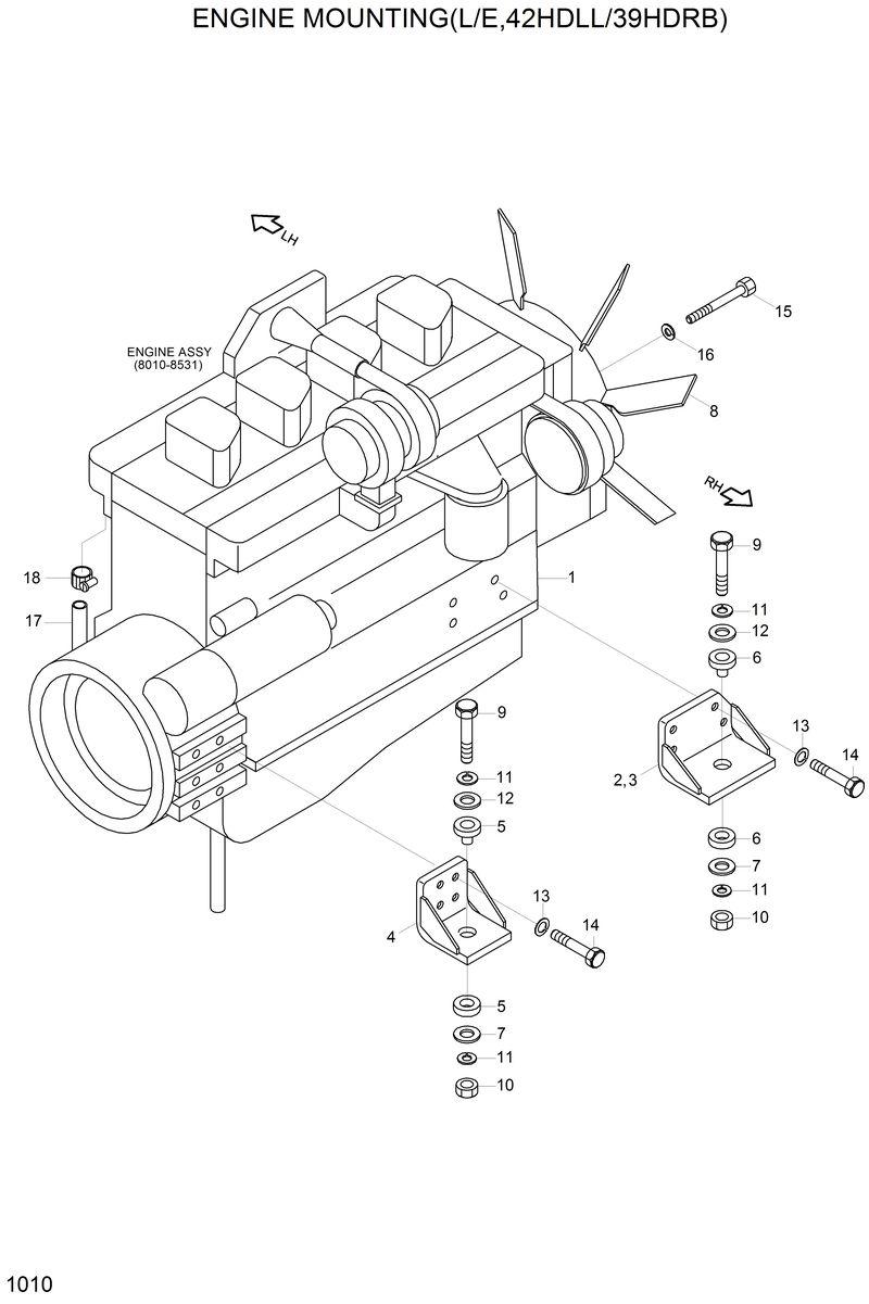 Схема запчастей Hyundai 42HDLL - ENGINE MOUNTING(L/E,42HDLL/39HDRB) 