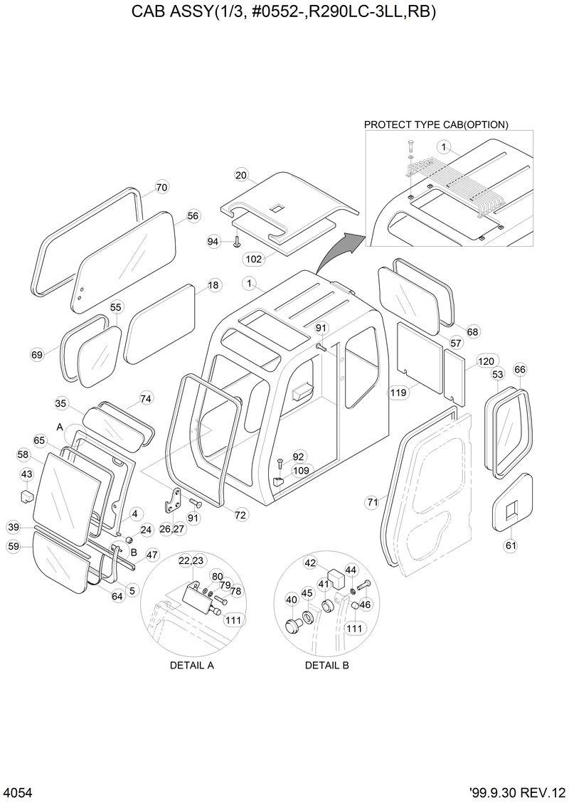 Схема запчастей Hyundai R290LC3LL - CAB ASSY(1/3,#0552-,R290LC-3LL,RB) 