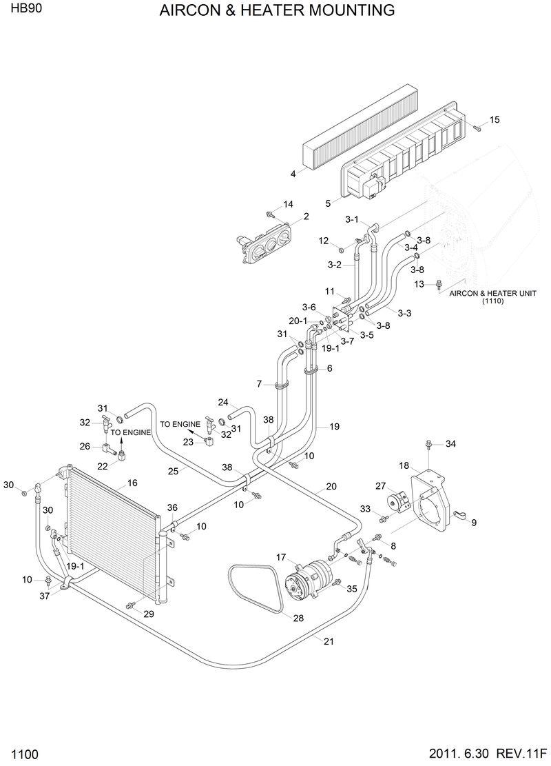 Схема запчастей Hyundai HB90 - AIRCON &amp; HEATER MOUNTING 