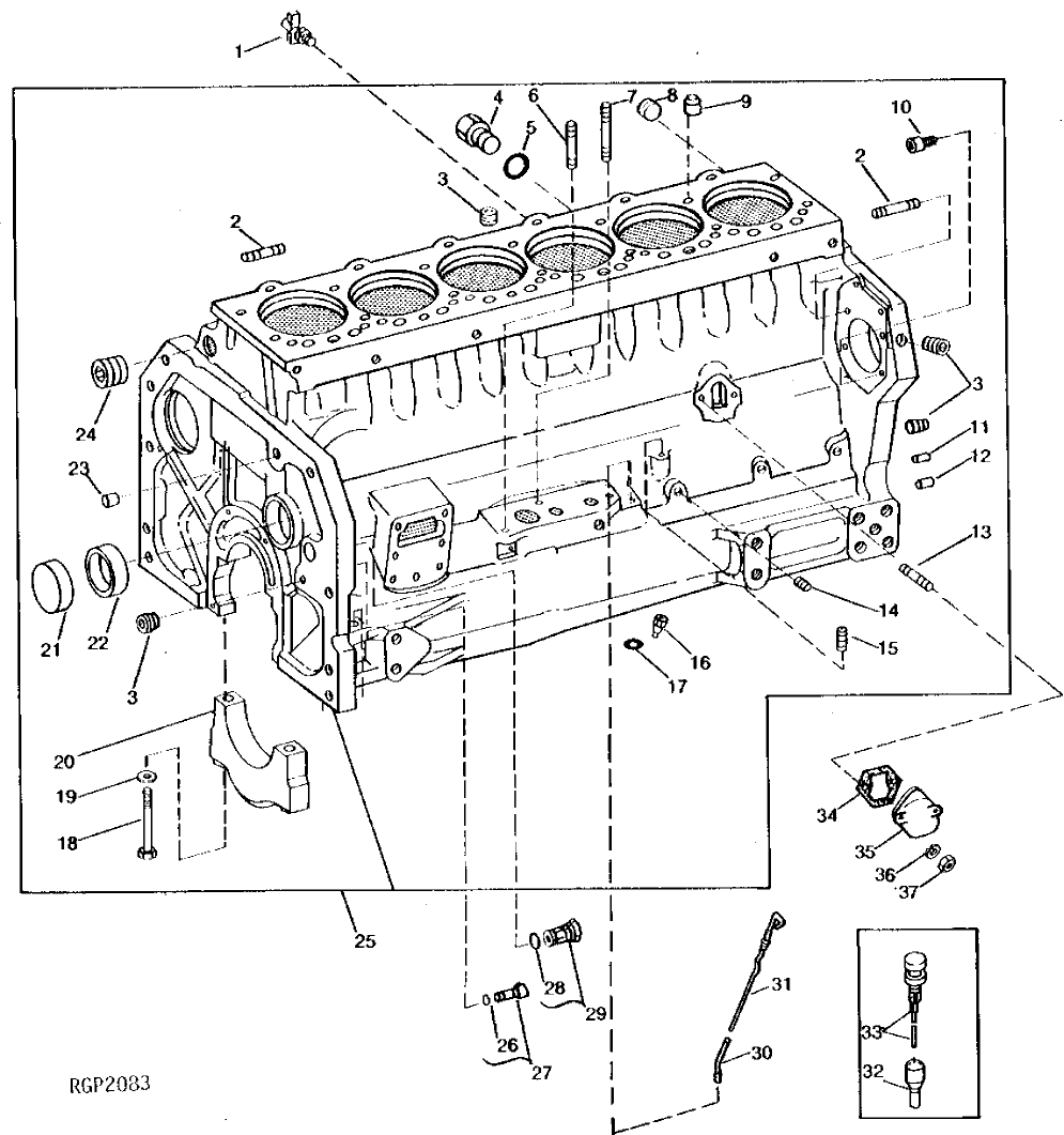 Схема запчастей John Deere 90B - 4 - CYLINDER BLOCK, FITTINGS AND MAIN BEARING CAP 10 - ENGINE