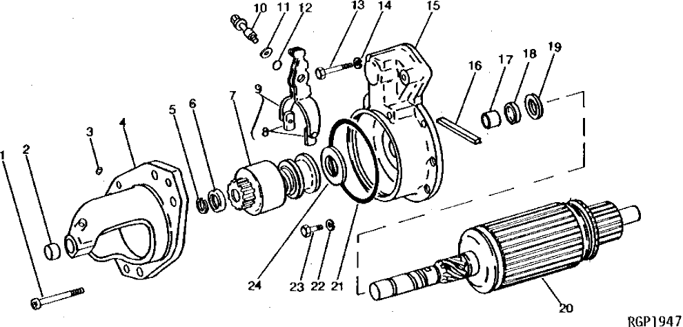 Схема запчастей John Deere 90B - 10 - STARTER DRIVE HOUSING AND ARMATURE 85 - ALTERNATOR, STARTING MOTOR, REGULATOR AND BATTERIES