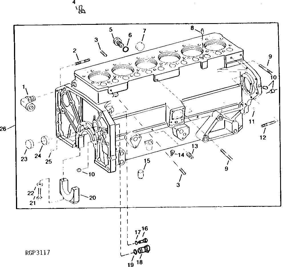 Схема запчастей John Deere 90 - 2 - CYLINDER BLOCK, FITTINGS AND MAIN BEARING CAPS 404 - ENGINE 4
