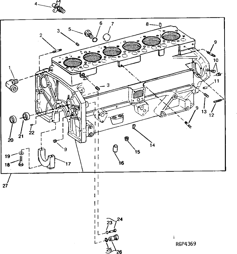 Схема запчастей John Deere 90 - 4 - CYLINDER BLOCK, FITTINGS AND MAIN BEARING CAPS 404 - ENGINE 4