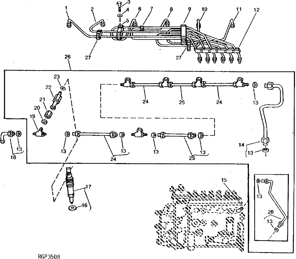 Схема запчастей John Deere 90 - 10 - FUEL INJECTION NOZZLES AND FUEL LINES 413 - ENGINE 4
