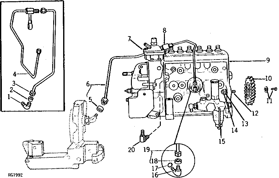 Схема запчастей John Deere 90 - 12 - FUEL INJECTION PUMP AND LUBE LINES 413 - ENGINE 4