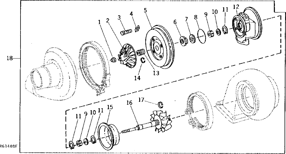 Схема запчастей John Deere 90 - 2 - TURBOCHARGER CENTER HOUSING WITH ROTATING PARTS 416 - ENGINE 4