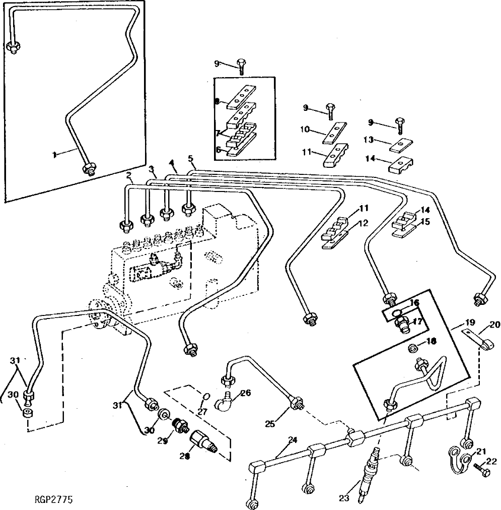 Схема запчастей John Deere 90 - 10 - FUEL INJECTION LINES AND NOZZLES 413 - ENGINE 4