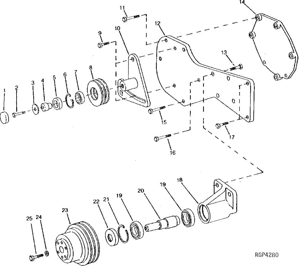 Схема запчастей John Deere 90 - 6 - FAN DRIVE PULLEY, SUPPORT AND IDLER PULLEY 429 - ENGINE 4