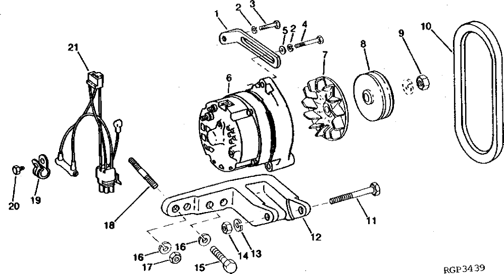 Схема запчастей John Deere 90 - 1A - ALTERNATOR, MOUNTING BRACKET, ADJUSTING STRAP AND PULLEY 1672 - ELECTRICAL SYSTEMS 16