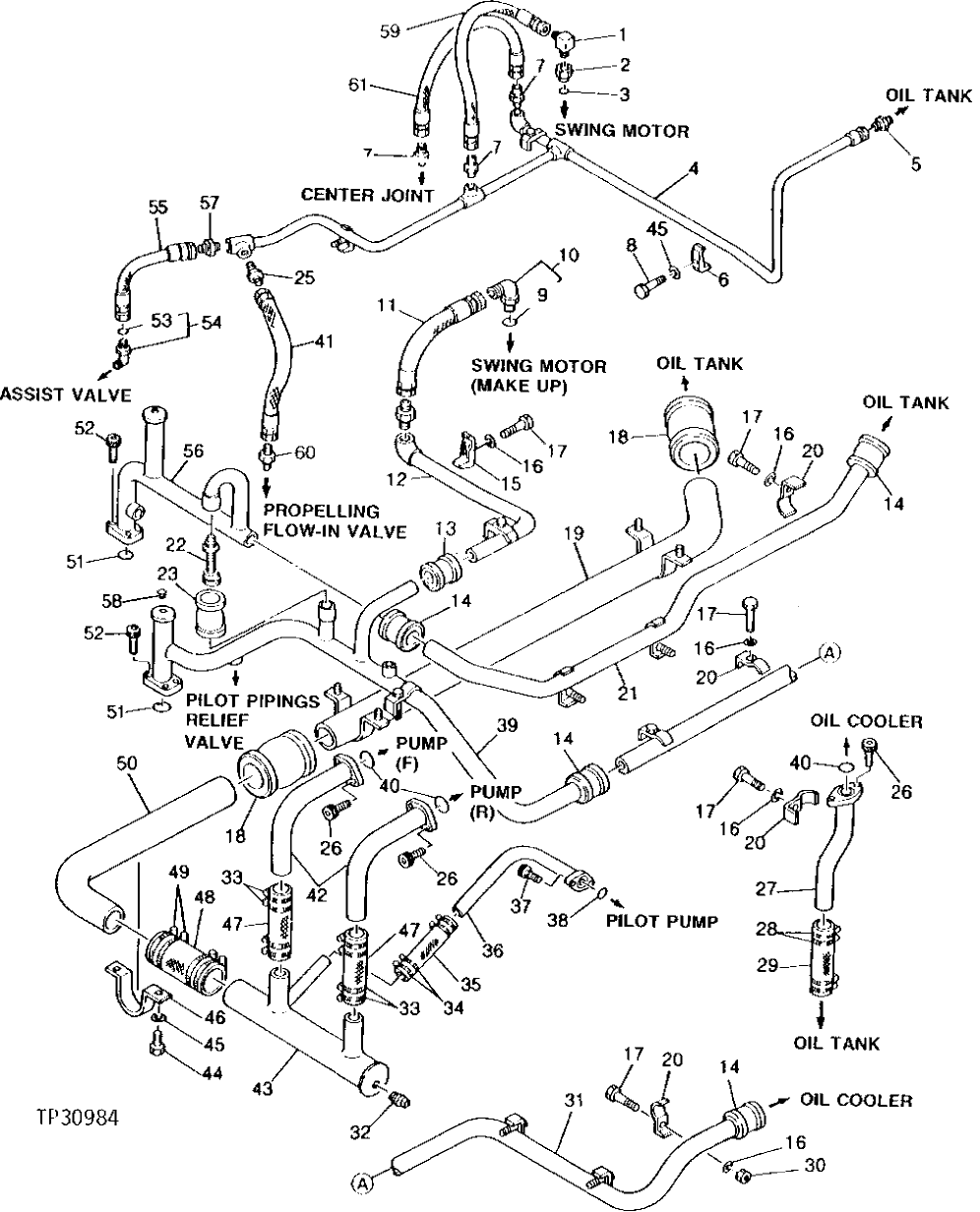 Схема запчастей John Deere 90 - 46 - SUCTION, RETURN AND OIL COOLER PLUMBING 2160 - MAIN HYDRAULIC SYSTEM 21