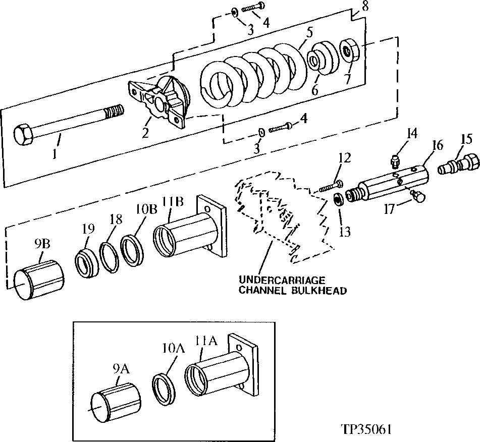 Схема запчастей John Deere 90C - 3A - ADJUSTING CYLINDER AND IDLER SPRING ASSEMBLY 130 - TRACKS 1