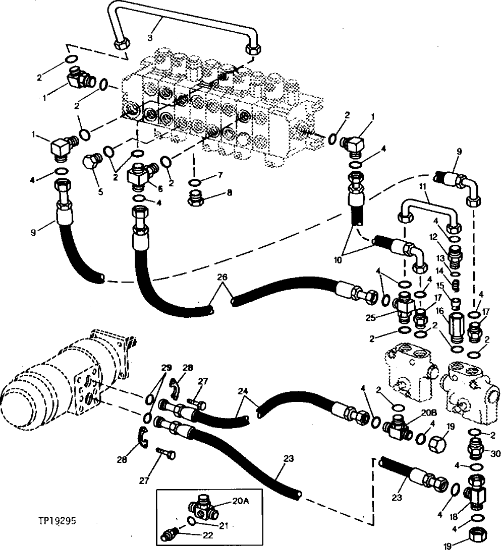 Схема запчастей John Deere 90C - 24 - CONTROL VALVE TO FLOW DIVIDER FITTINGS AND HOSES 3360 - BACKHOE AND EXCAVATOR 33