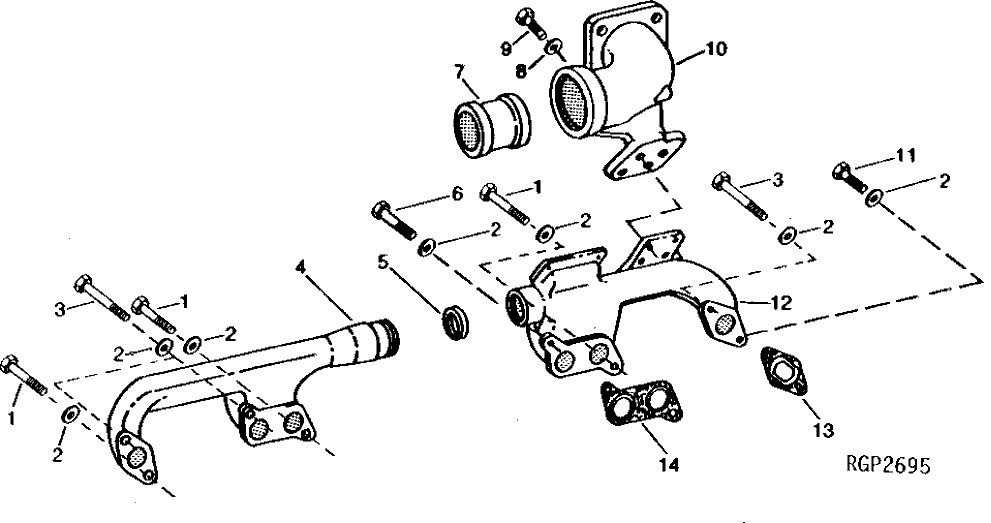 Схема запчастей John Deere 90CR - 1 - EXHAUST MANIFOLDS AND ELBOW 410 - ENGINE 4