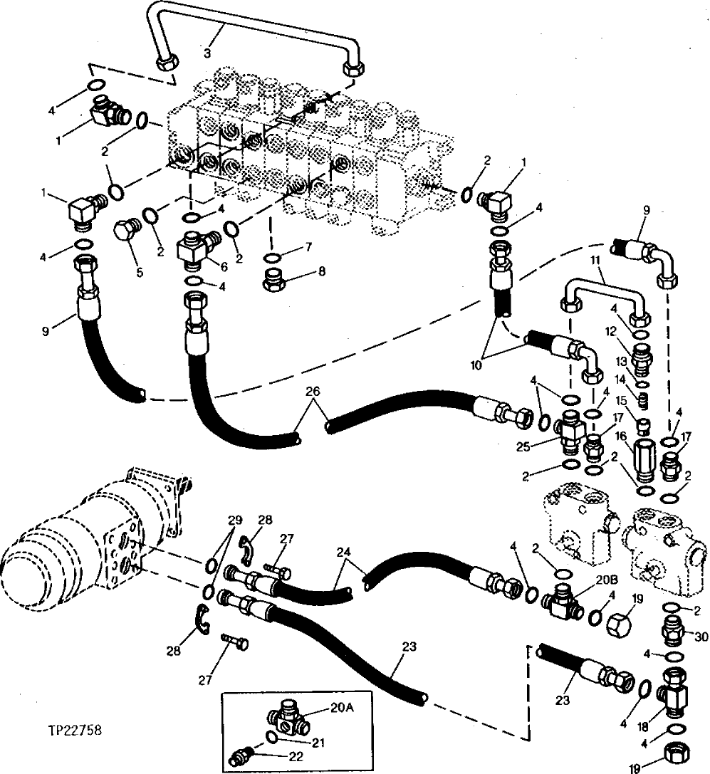 Схема запчастей John Deere 90CR - 22 - CONTROL VALVE TO FLOW DIVIDER FITTINGS AND HOSES 3360 - BACKHOE AND EXCAVATOR 33