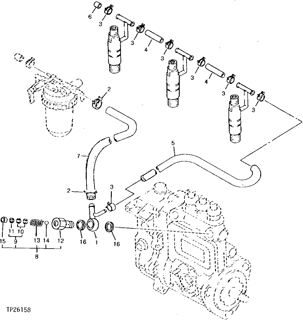 Схема запчастей John Deere 5 - 12 - FUEL INJECTION RETURN HOSE 413 - ENGINE 4