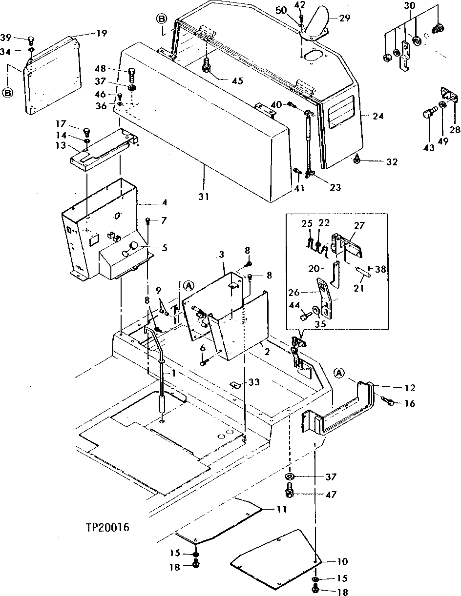 Схема запчастей John Deere 0 - 2 - HOOD, CONSOLE COVERS AND SWING LOCK 1910 - SHEET METAL AND STYLING 19