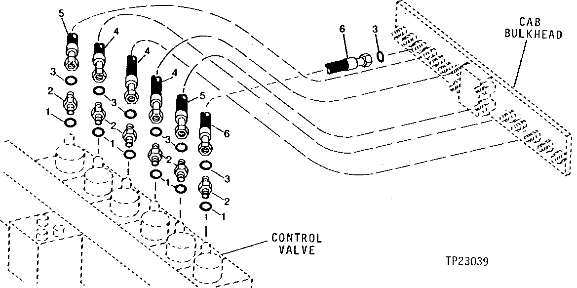 Схема запчастей John Deere 90D - 35 - CONTROL VALVE TO CAB BULKHEAD HOSES 3360 - BACKHOE AND EXCAVATOR 33