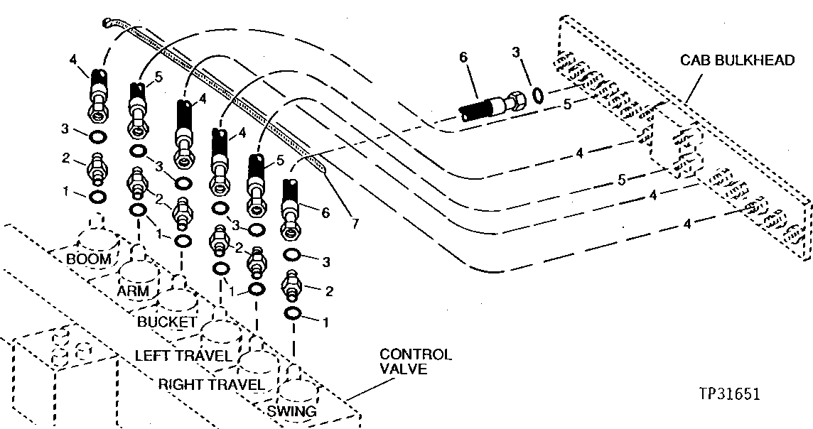 Схема запчастей John Deere 90D - 38 - CONTROL VALVE TO CAB BULKHEAD HOSES 3360 - BACKHOE AND EXCAVATOR 33