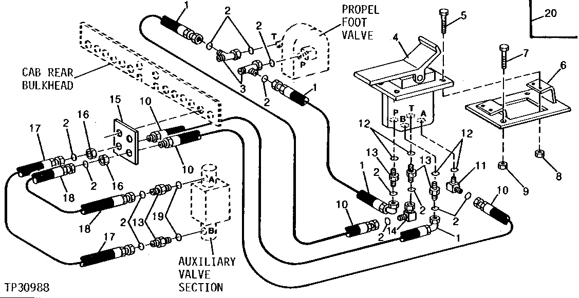 Схема запчастей John Deere 90D - 72 - AUXILIARY FOOT VALVE, LINES AND FITTINGS 3360 - BACKHOE AND EXCAVATOR 33