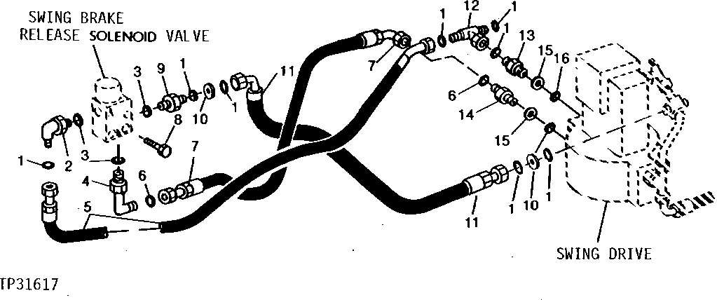 Схема запчастей John Deere 90D - 81 - SWING BRAKE RELEASE SOLENOID VALVE HOSES 3360 - BACKHOE AND EXCAVATOR 33