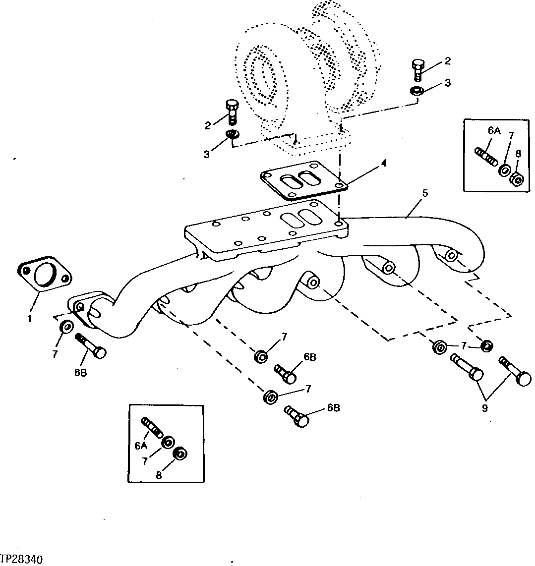 Схема запчастей John Deere 90D - 2 - EXHAUST MANIFOLD 410 - ENGINE 4