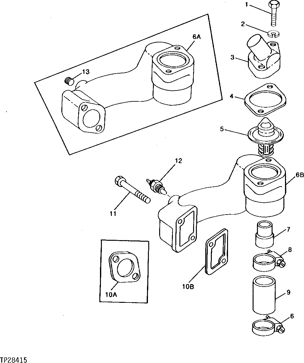 Схема запчастей John Deere 90D - 2 - THERMOSTAT HOUSING AND COVER 418 - ENGINE 4