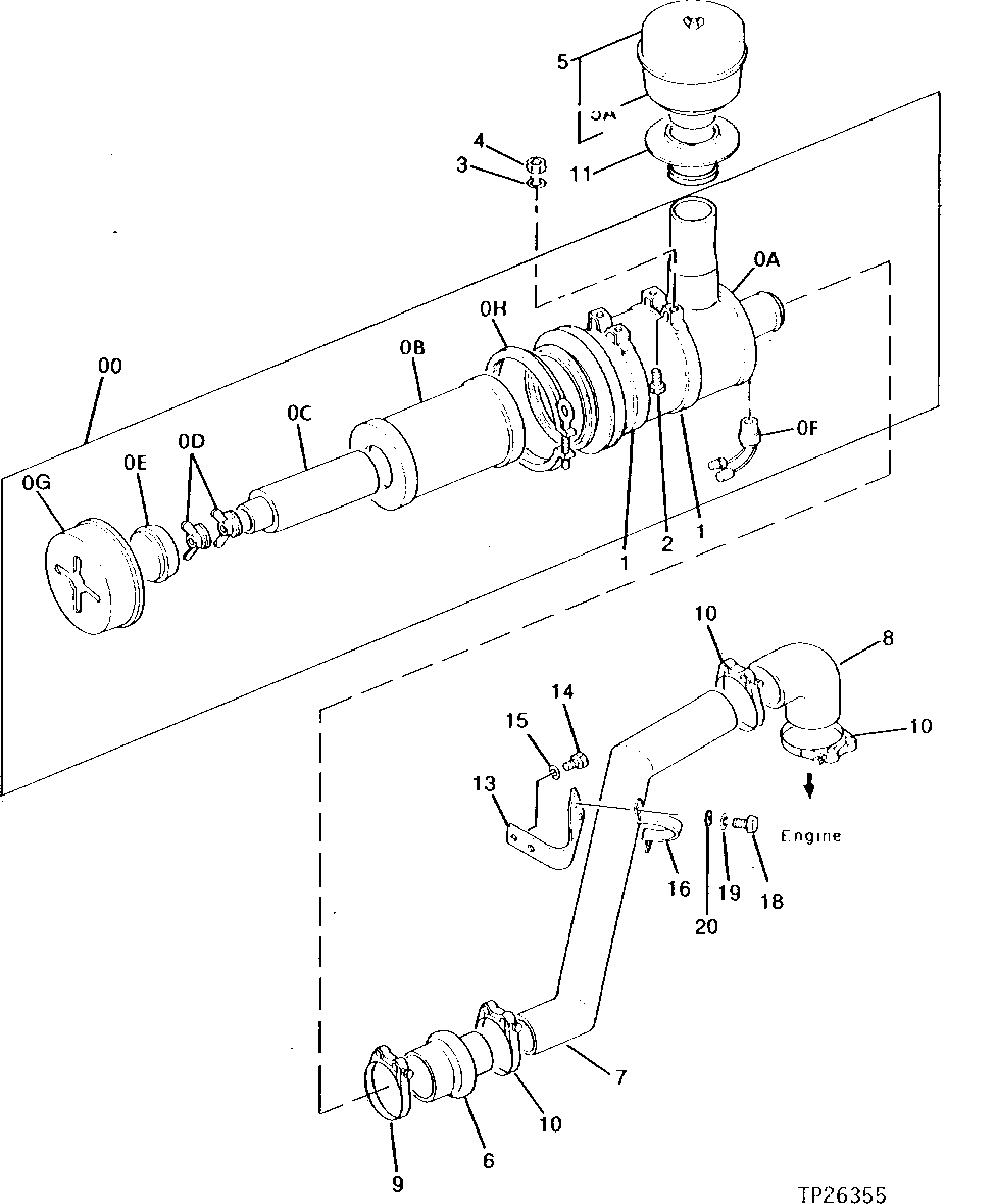Схема запчастей John Deere 90D - 2 - AIR CLEANER, PIPING AND BRACKET 520 - ENGINE AUXILIARY SYSTEMS 5