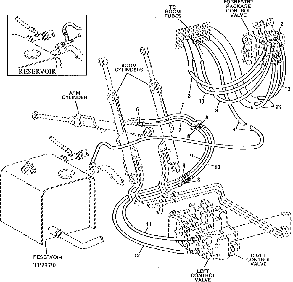 Схема запчастей John Deere 90D - 114 - FORESTRY VALVE, ARM CYLINDER AND SAW MOTOR DRAIN HOSES 3360 - EXCAVATOR 33