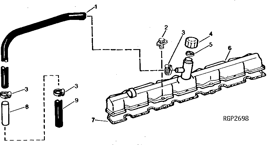 Схема запчастей John Deere 90D - 3 - ROCKER ARM COVER AND ENGINE VENTILATOR OUTLET 402 - ENGINE 4