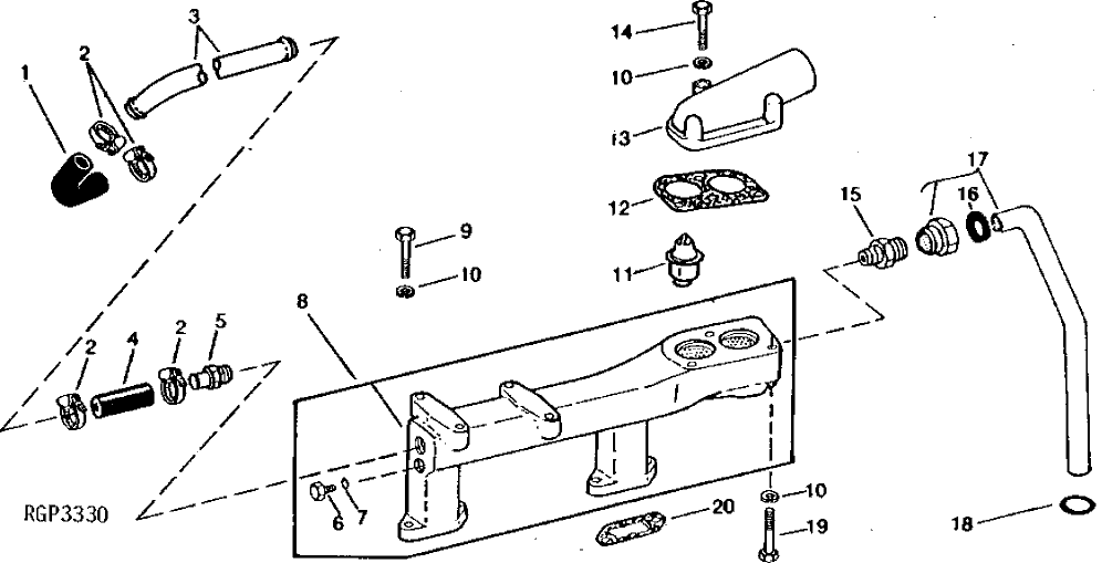Схема запчастей John Deere 90D - 2 - WATER OUTLET MANIFOLD AND THERMOSTATS 418 - ENGINE 4