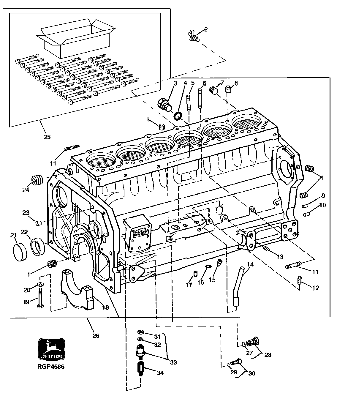 Схема запчастей John Deere 92DLC - 27 - REPLACEMENT CYLINDER BLOCK, FITTINGS AND MAIN BEARING CAPS 0404 Cylinder Block 6466AT014 6466AT014