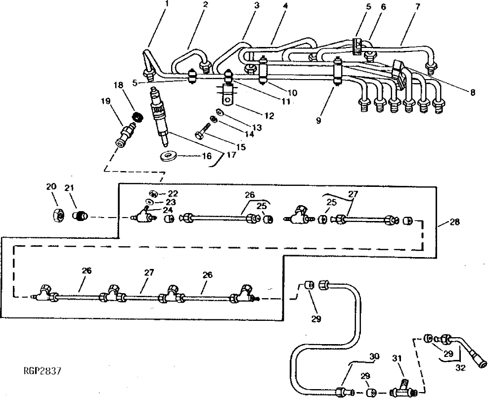 Схема запчастей John Deere 92DLC - 49 - Fuel Injection Nozzles and Lines ( - 353773) 0413 Fuel Injection System 6466AT014 6466AT014