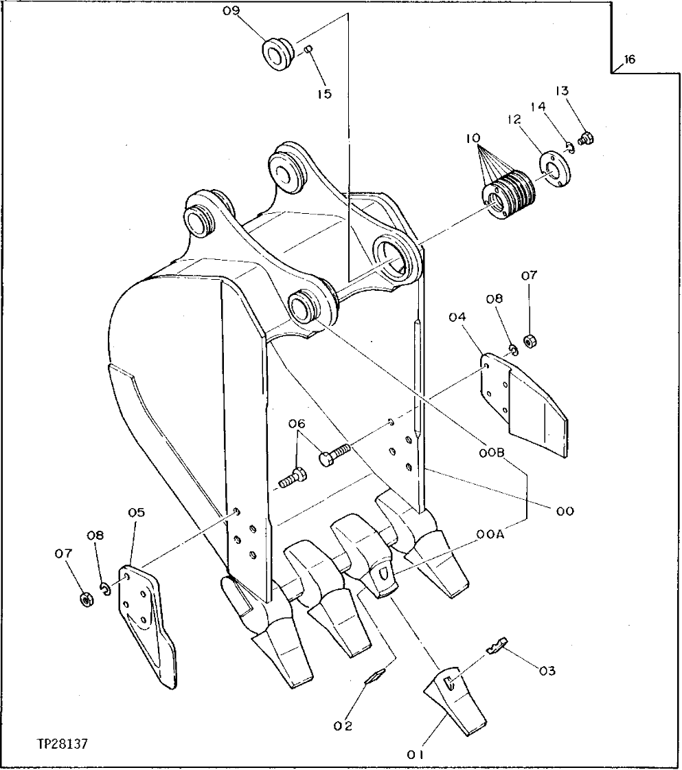 Схема запчастей John Deere 90D - 140 - BUCKET (3/8 CUBIC YARDS - .24 CUBIC METERS) 3302 BUCKETS, TEETH, SHANKS AND SIDE CUTTERS